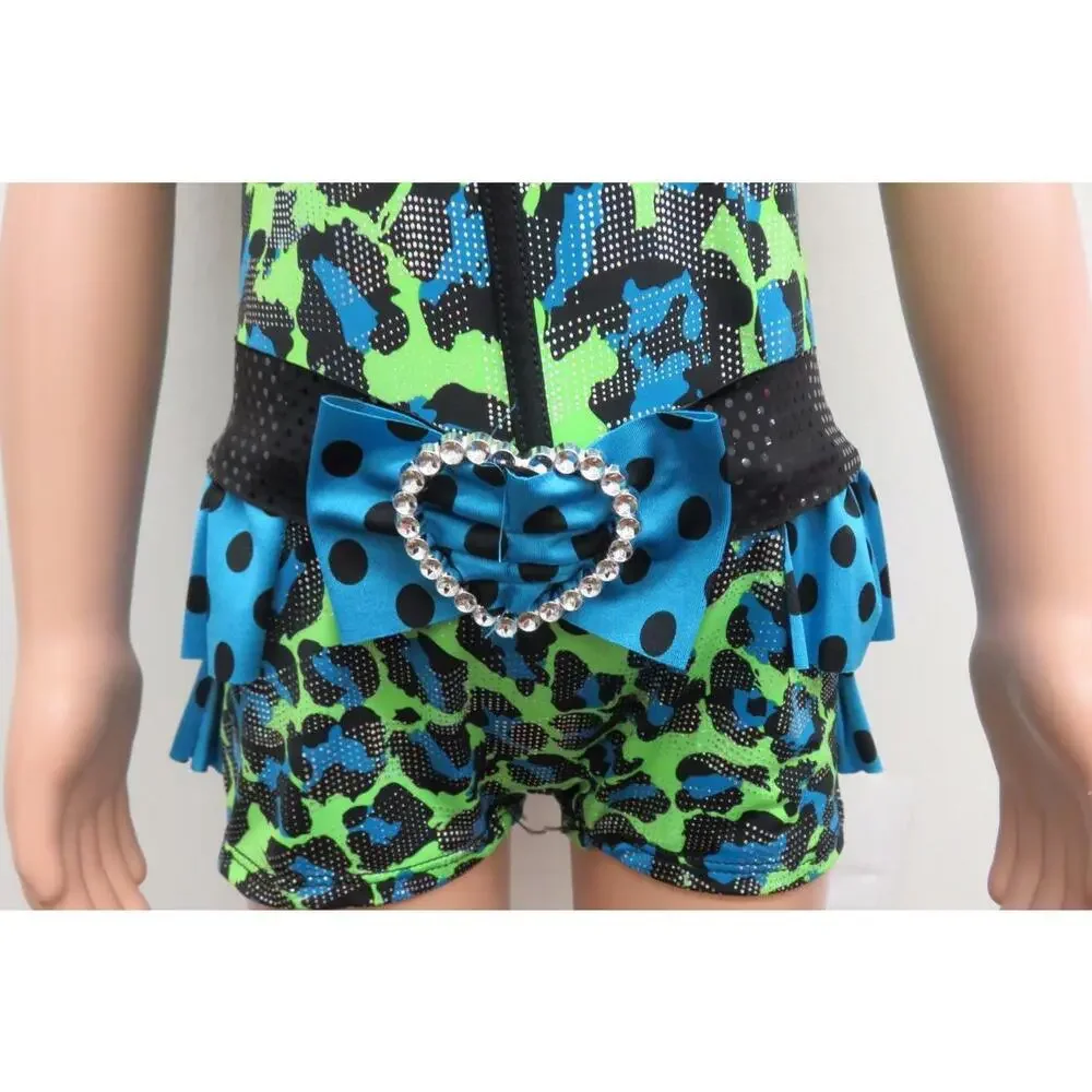 Pre-Owned Dance Costume Curtain call E1146 Large Child Green Ruffles Jazz Foil